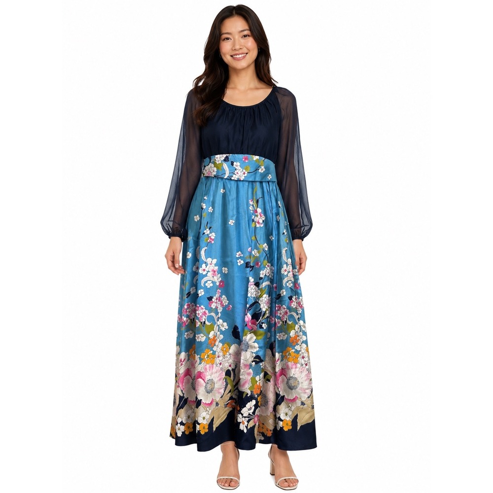 Vtg Miss Elliette California Navy Floral Maxi Dress Gown Sheer Balloon Sleeves 8